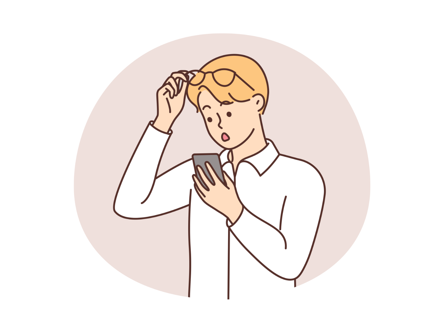 眼鏡を外してスマートフォンを見る男性